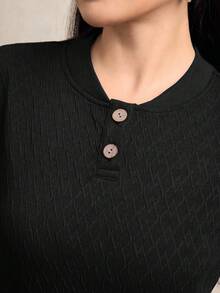 Modelyn 女士休闲宽松纹理面料圆领长连衣裙，藏蓝色，秋冬款 - 黑色 - 查看 6