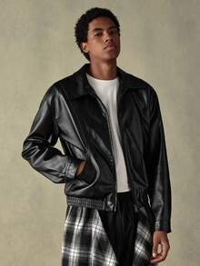 SWAVVY 男士休闲百搭长袖PU皮拉链夹克 黑色皮夹克 男士街头风夹克 男士短款夹克 - 黑色 - 查看 6