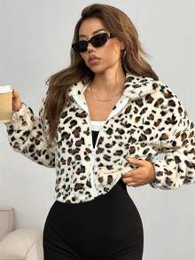 SHEIN EZwear 时尚复古豹纹蓬松宽松外套，秋冬款 - 杏色 - 查看 4