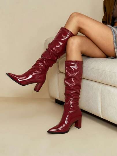 Daringsoles Women's Plain Color Pointy Toe Minimalist Above Knee Boots, Casual For Everyday