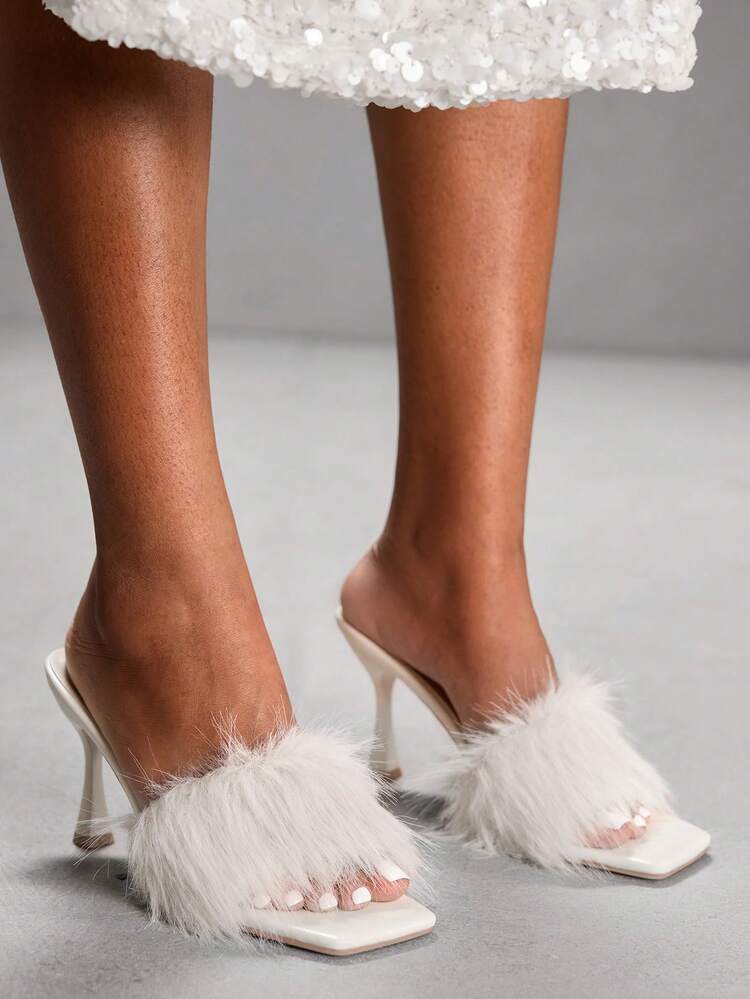 CUCCOO SZL Women's White Faux Fur Square Toe Stiletto Heel Slide Sandals, Fashionable, Sexy, Elegant For Party And Occasion For Christmas
