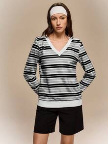 Hanevo 休闲撞色条纹V领卫衣，秋季 - 彩色 - 查看 6