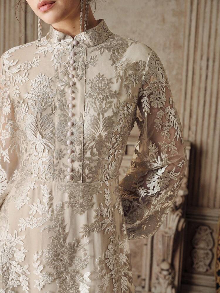 Women's New Elegant Flared Long Sleeve Embroidered Dress, Apricot/Champagne Color, Suitable For Party, Birthday, Valentine's Day