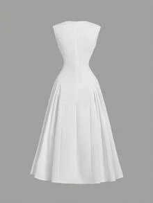 SHEIN MOD Váy không tay xếp ly cổ chữ V màu trơn cho nữ, Váy mùa thu, Trang phục tiệc độc thân, Váy cưới cho nữ, Váy dạ hội, Váy dạ hội, Váy dự tiệc cưới mùa thu, Váy dài màu trắng - trắng - Xem 2
