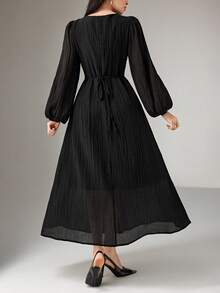 Heiryn 女士优雅纯色灯笼袖收腰长连衣裙，秋季 - 黑色 - 查看 3