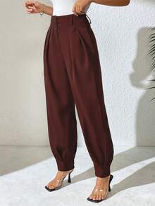 Xyvia 女士优雅高腰双纽扣装饰褶皱直筒裤，春秋季休闲西装裤 - 紅木色 - 查看 3