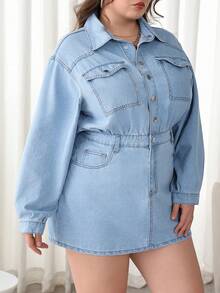 SHEIN PETITE CURVE Plus Size Women Long Sleeve Single-Breasted Pocket Casual Denim Shirt Dress Winter Christmas New Year Thanksgiving Commuting Vacation Graduation Chic Y2k Cute Streetwear Coquette Party Wedding Elegant Business Casual Woman Chic Plus Size Denim Mini Dress For Women Light Blue Button-Down Long Sleeve With Elasticized Waist And Pockets Holiday Everyday Outfit Year-End Denim Stylish Item - Blue - View 3