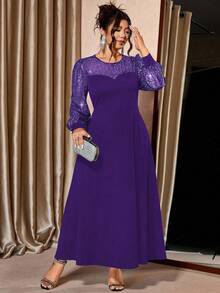 Cravure 大码女式亮片网纱拼接黑色针织面料灯笼袖连衣裙，适合夜店派对的优雅长款晚礼服 - 紫色 - 查看 4