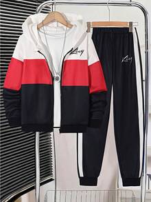 Vacaura Conjunto deportivo de 2 piezas para niños preadolescentes, con chaqueta con capucha informal con cremallera y estampado digital de letras, pantalones con cordón de color contrastante, adecuado para primavera, otoño e invierno - Multicolor - Ver 5