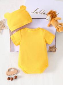 新生儿可爱狮子印花连体衣，带3D立体耳朵帽，短袖连体衣套装