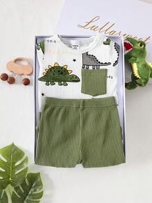 SHEIN 新生男宝宝白色条纹卡通恐龙图案拼接绿色口袋短袖上衣配绿色裤子两件套可爱休闲运动时尚新品 - 綠色 - 查看 8