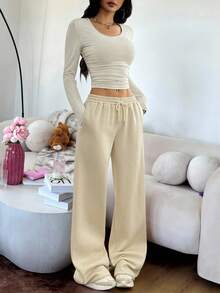 SHEIN EZwear 2pcs Women's Casual Plain Ruched Round Neck Cropped T-Shirt And Wide Leg Drawstring Waist Pants Set - Apricot - View 2