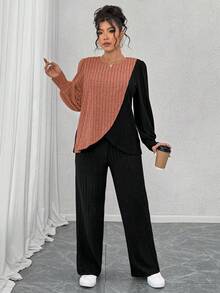 EMERY ROSE Plus Size Crew Neck Long Sleeve Soft Knit Ribbed Colorblock Asymmetrical Patchwork Top And Soft Knit Ribbed Straight Leg Pants Casual Loungewear 2 Pieces Set - Multicolor - View 7