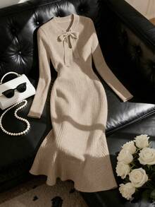 Franclia New Stylish Elegant Versatile High-Quality Women Knitted Sweater Dress, Autumn - Apricot - View 4
