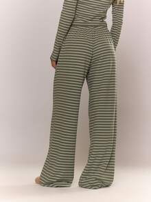 MUSERA 低腰条纹阔腿裤，舒适可爱休闲，适合咖啡俱乐部夏季穿着。 - 綠色 - 查看 4