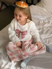 DAZY 女童蝴蝶结提花长袖上衣和格子裤睡衣套装 - 粉色 - 查看 4