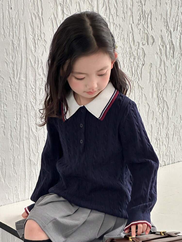 Young Girl Contrast Color Polo Neck Long Sleeve Casual Loose Sweater