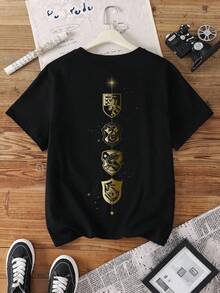 HARRY POTTER X SHEIN 大码字母与标志图案圆领短袖T恤 - 黑色 - 查看 2