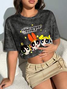 THE POWERPUFF GIRLS X SHEIN 女式休闲时尚街头风格可爱花朵、泡泡、毛茛图案水洗宽松 T 恤，夏季 - 白色 - 查看 5