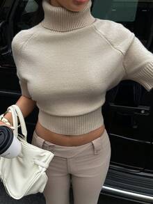 Aloruh Damen Neue Aprikot Strickpullover, Rollkragen, Kurzarm, geeignet für den Übergang in den Frühling, Frühlings Damen Rollkragentop in Neutraltönen Beige - Aprikosenfarben - Übersicht 8