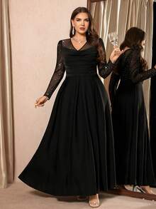 SHEIN Clasi 大码女式亮片网纱拼接长袖褶皱优雅连衣裙 - 黑色 - 查看 3