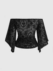 ROMWE J-Fashion 女士优雅露肩喇叭袖蕾丝紧身衣 - 黑色 - 查看 2