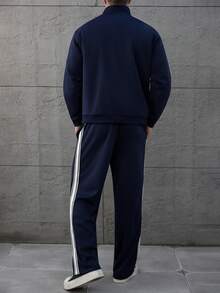 SLATEMANN Mature Casual, Webbing, Letter Print Navy Blue Men's Jacket Set Men S Jogging Set Men S Track Suit Men 2 Piece Set Men S Sweat Suit Set Men 2 Piece Set Big An Tall