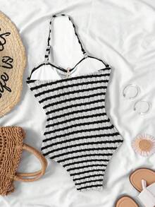 SHEIN 少女休闲度假黑色连体泳衣，可拆卸肩带，镂空海星装饰，褶皱设计，夏季沙滩 - 黑與白 - 查看 8