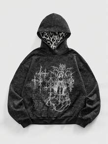 ROMWE MEN Anime Sudadera con capucha de manga larga con estampado gráfico gótico oscuro para hombres - Negro - Ver 5
