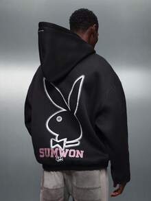 PLAYBOY X SUMWON Cropped Hoodie With Bunny Logo Print Long Sleeve Casual Sweatshirt Winter Fall Streetwear Fashion Pullover Hood - Black - View 5