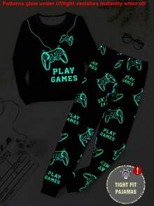1 Set Tween Boys Glow-In-The-Dark Video Game Print Knit Snug Fit Long Sleeve Top And Matching Allover Print Pants Pajama Set 2-Piece Set - Black Green Gaming Pajamas Glow UV Gaming Controller Print Crew Neck Design Black Green Esports Gaming Color Elastic Fitted Fabric Long Sleeve Crew Neck Fitted Top Cuffed Pants Gaming Controller Combo Social Media Style Esports Gaming Spring Summer Autumn Winter Holiday Essential Big Boys Fitted Home Set .This Product Requires UV Light Exposure To Glow. - Black - View 3