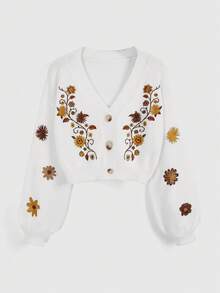 ROMWE Hippie Women's Cottagecore Bohemian Embroidered Cardigan - White - View 5