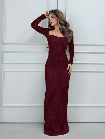 Jemour Women's Autumn/Winter New Party/Date Night/Evening Sexy S-Shape Lace Long Sleeve Bustier Corset Style Crew Neck Bodycon Maxi Dress, Black