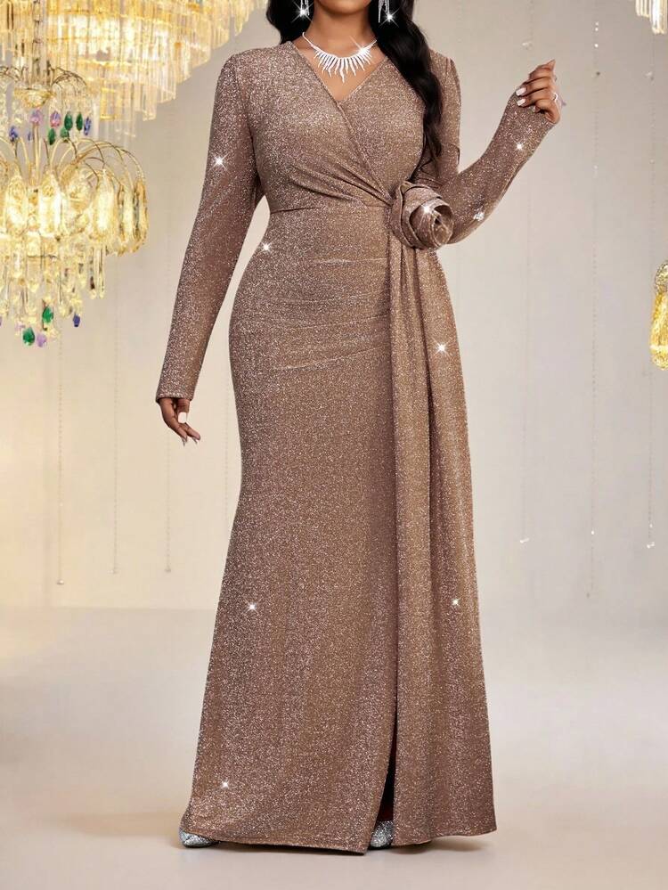 Fleurora Vestido envolvente de color champán de moda para tallas grandes - Champán - Añade 3