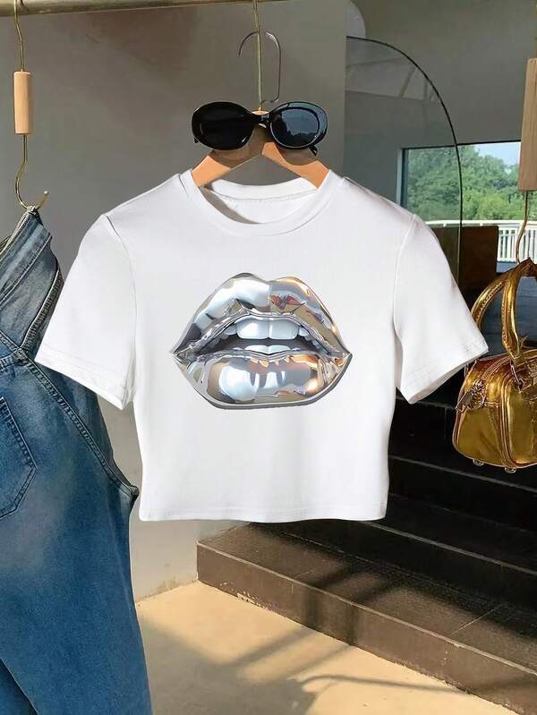 INAWLY 金属光沢リッププリントスリムフィットカジュアルクロップドラウンドネックTシャツ