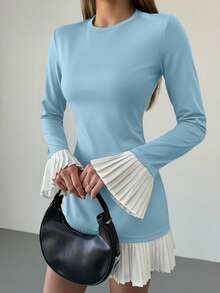 Aloruh Women's Elegant Commuter Color Block Pleated Flare Sleeve Midi Dress - Baby Blue - View 3
