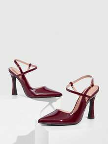 CUCCOO SZL 女士尖头搭扣设计时尚高跟鞋，适合日常穿着 - 酒紅色 - 查看 4