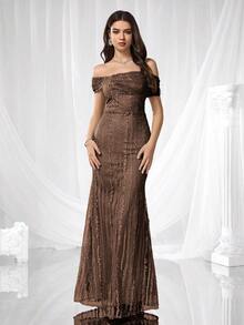 Coutiva 优雅刺绣露肩鱼尾裙摆正式晚礼服，适合婚礼宾客、毕业典礼、派对、圣诞节、秋冬季节、情人节等场合穿着。 - 棕色 - 查看 5