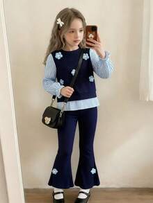 Elladie kids 2 件套女童简约时尚通勤拼接 3D 花卉装饰长袖上衣和喇叭裤套装，适合春秋季 - 藍色 - 查看 1