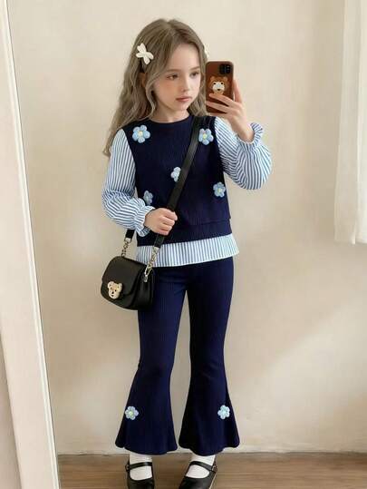 Elladie kids 2 件套女童简约时尚通勤拼接 3D 花卉装饰长袖上衣和喇叭裤套装，适合春秋季