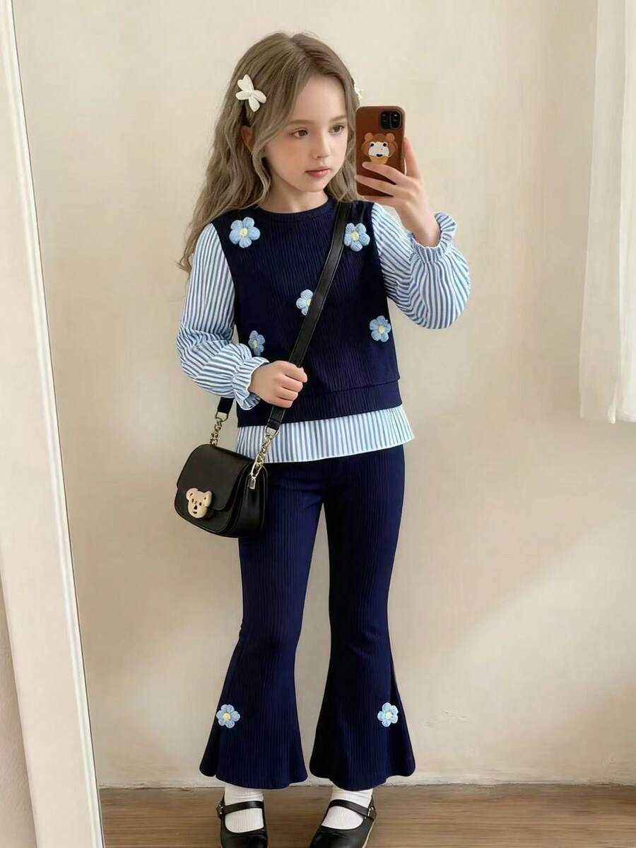 Elladie kids 2 件套女童简约时尚通勤拼接 3D 花卉装饰长袖上衣和喇叭裤套装,适合春秋季 - 藍色 - 查看 1