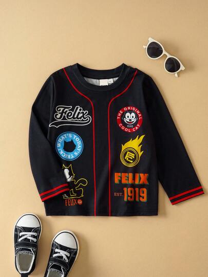 SHEIN Felix The Cat Young Boy Cartoon Phelan Cat Print Cute Kids Black Long Sleeve Contrast Piping T-Shirt
