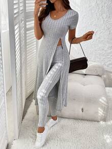 SHEIN LUNE Ladies' Sleeveless Ribbed Split Hem Long T-Shirt And Pants Two-Piece Set - Grey - View 5