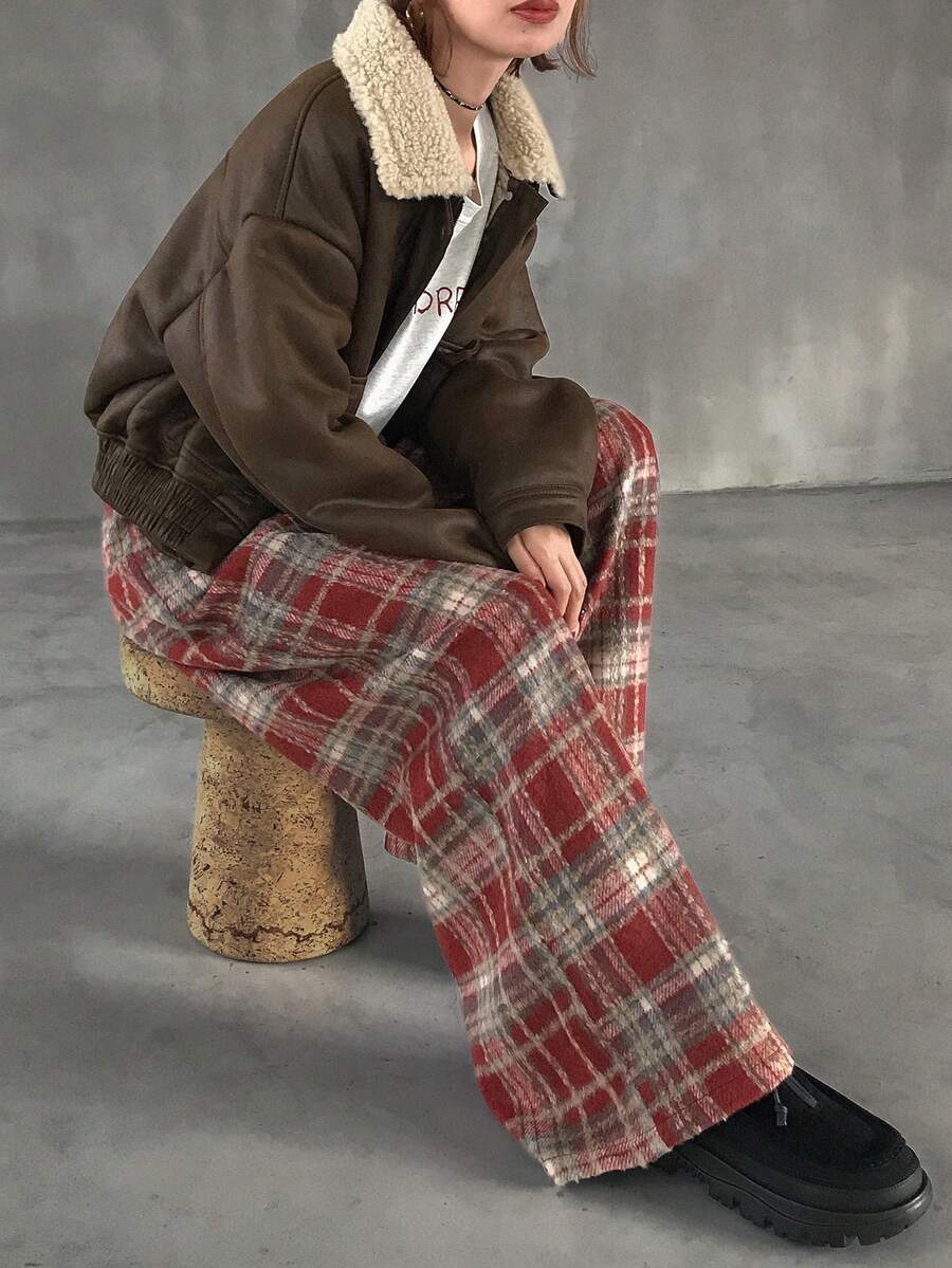 FRIFUL Women's Plaid Brushed Drawstring Waist Straight Leg Casual Pants, Versatile - Red - View 1