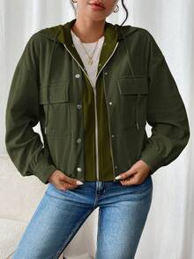 SHEIN Frenchy 女式拼接二合一灯芯绒连帽夹克秋冬女装 - 軍綠色 - 查看 6