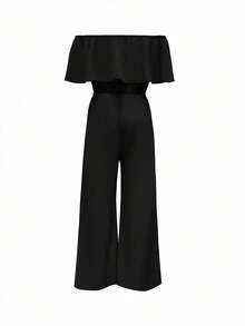 INAWLY Plus Size Women's Solid Color Ruffle Off-Shoulder Pockets Wide Leg Loose Elegant Jumpsuit - Black - View 2