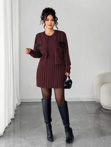 Elenzga Women's Elegant Sleeveless Dress With Long Sleeve Cardigan, Loose Fit Plus Size Knit Set, Outerwear Outfit, Winter Suit - Burgundy - View 1