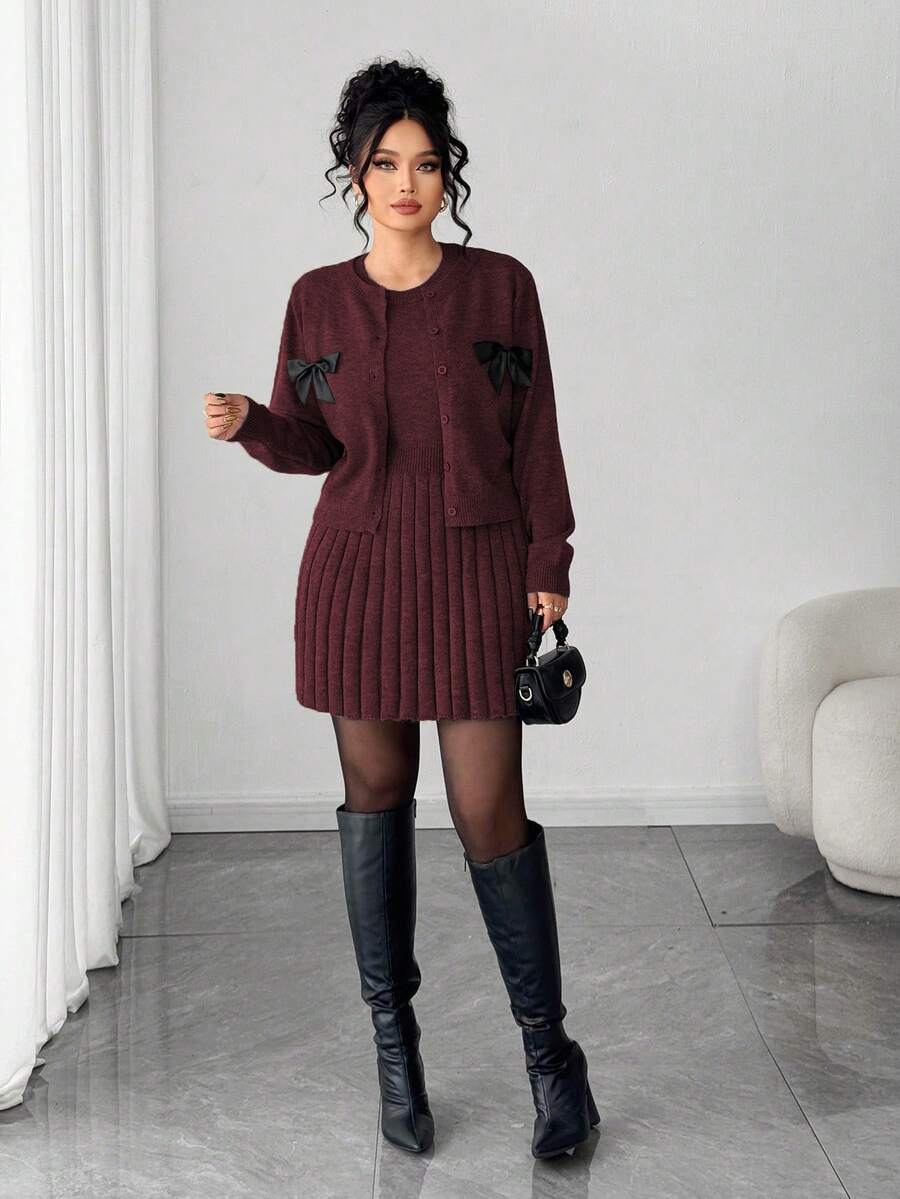 Elenzga Women's Elegant Sleeveless Dress With Long Sleeve Cardigan, Loose Fit Plus Size Knit Set, Outerwear Outfit, Winter Suit - Burgundy - View 1