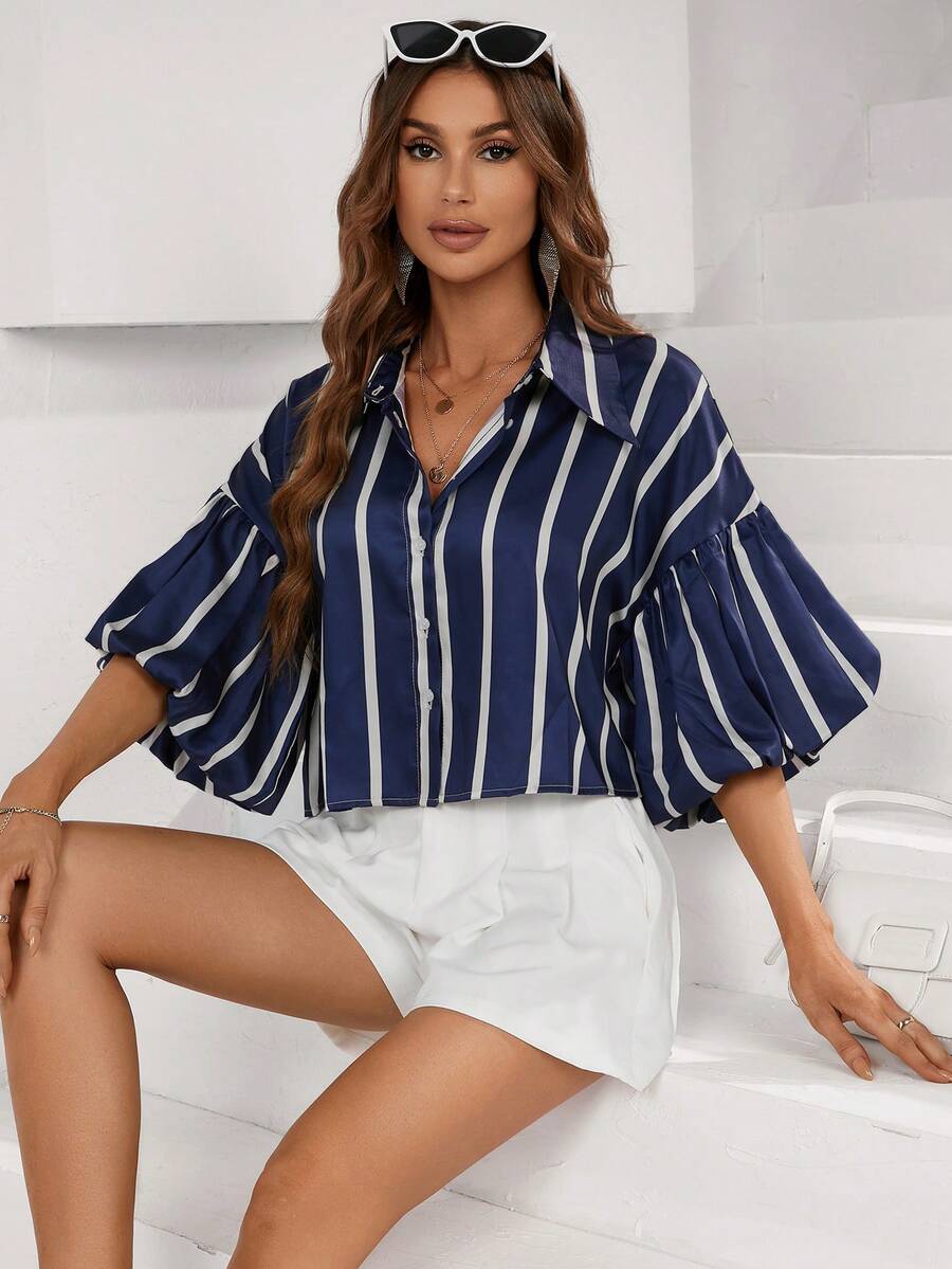 Aveloria Modichic Women's Striped Single-Breasted Ruffle Sleeve Loose Blouse - Navy Blue - View 1