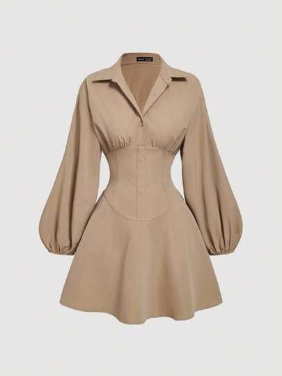 SHEIN MOD 女士修身长袖卡其色衬衫裙，泡泡袖，宽松女式衬衫，纽扣女式衬衫，衬衫裙